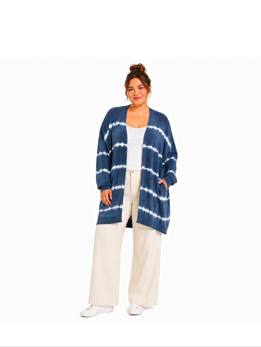 Torrid Size 4 4X Blue Tie Dye Long Open Front Cardigan Boho Knit Sweater